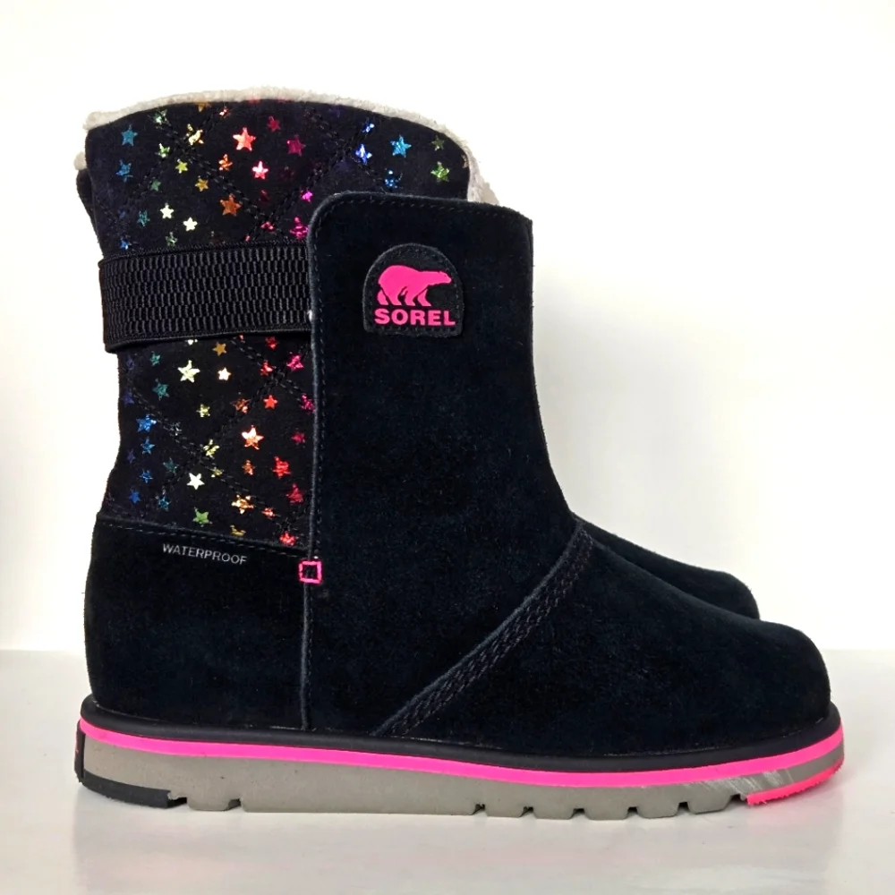 Sorel Rylee Waterproof Black Suede Warm Lined Pink Stars Toddler Girl Sz 5 Boots - Picture 1 of 8